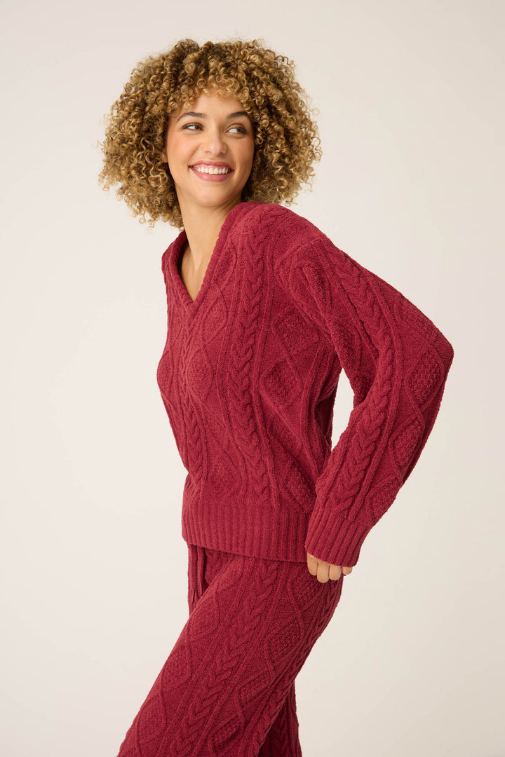 SOLID V - NECK LONG SLEEVE COZY CHENILLE CABLE KNIT -  - P.J. Salvage