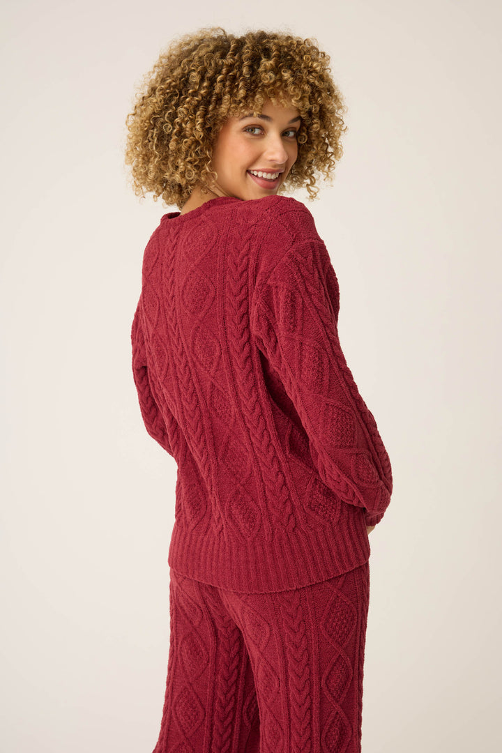 SOLID V - NECK LONG SLEEVE COZY CHENILLE CABLE KNIT -  - P.J. Salvage