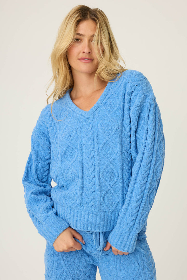 SOLID V - NECK LONG SLEEVE COZY CHENILLE CABLE KNIT -  - P.J. Salvage