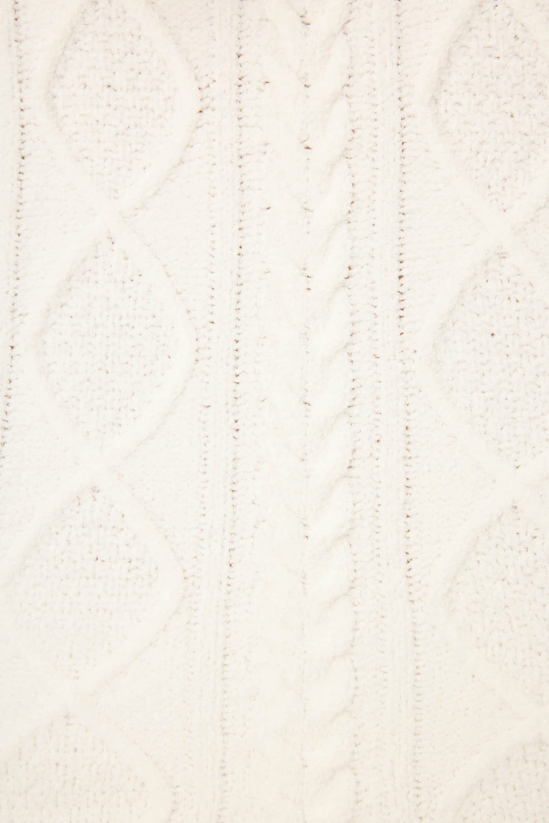 Close-up of the SOLID PJ SET COZY CHENILLE CABLE KNIT by P.J. Salvage, showcasing soft white chenille fabric with a central cable knit and diamond patterns, giving it a cozy and slightly fuzzy texture.