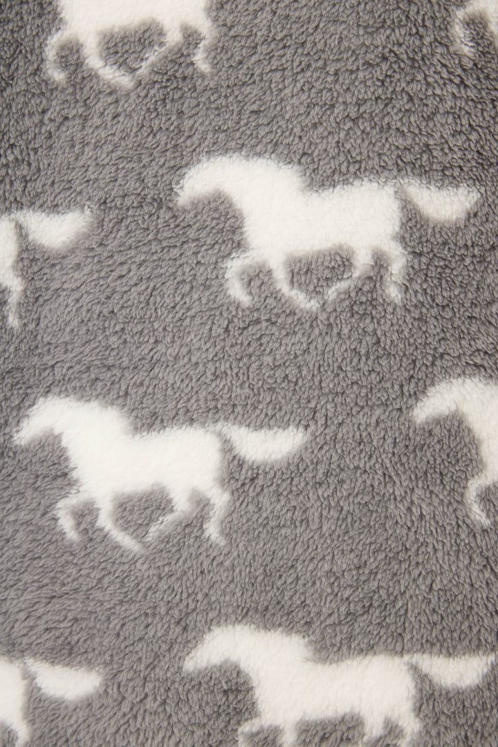 The P.J. Salvage HORSES JACKET JACKET LETS GET COZY features soft, gray plush fabric with a pattern of white running horse silhouettes evenly spaced for a cozy, stylish look.