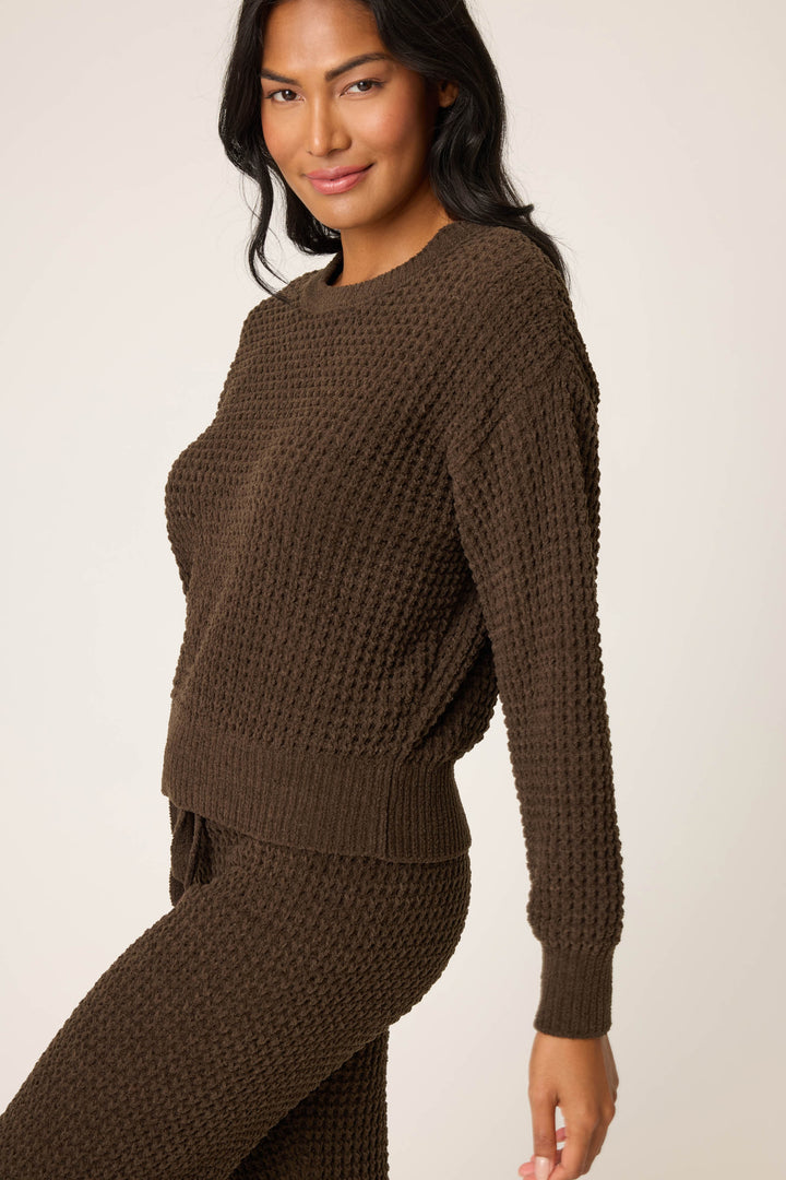 A woman with long dark hair wears the Chenille Waffle Solid Chocolate Sweater by P.J. Salvage, standing sideways with a slight smile against a plain light background.