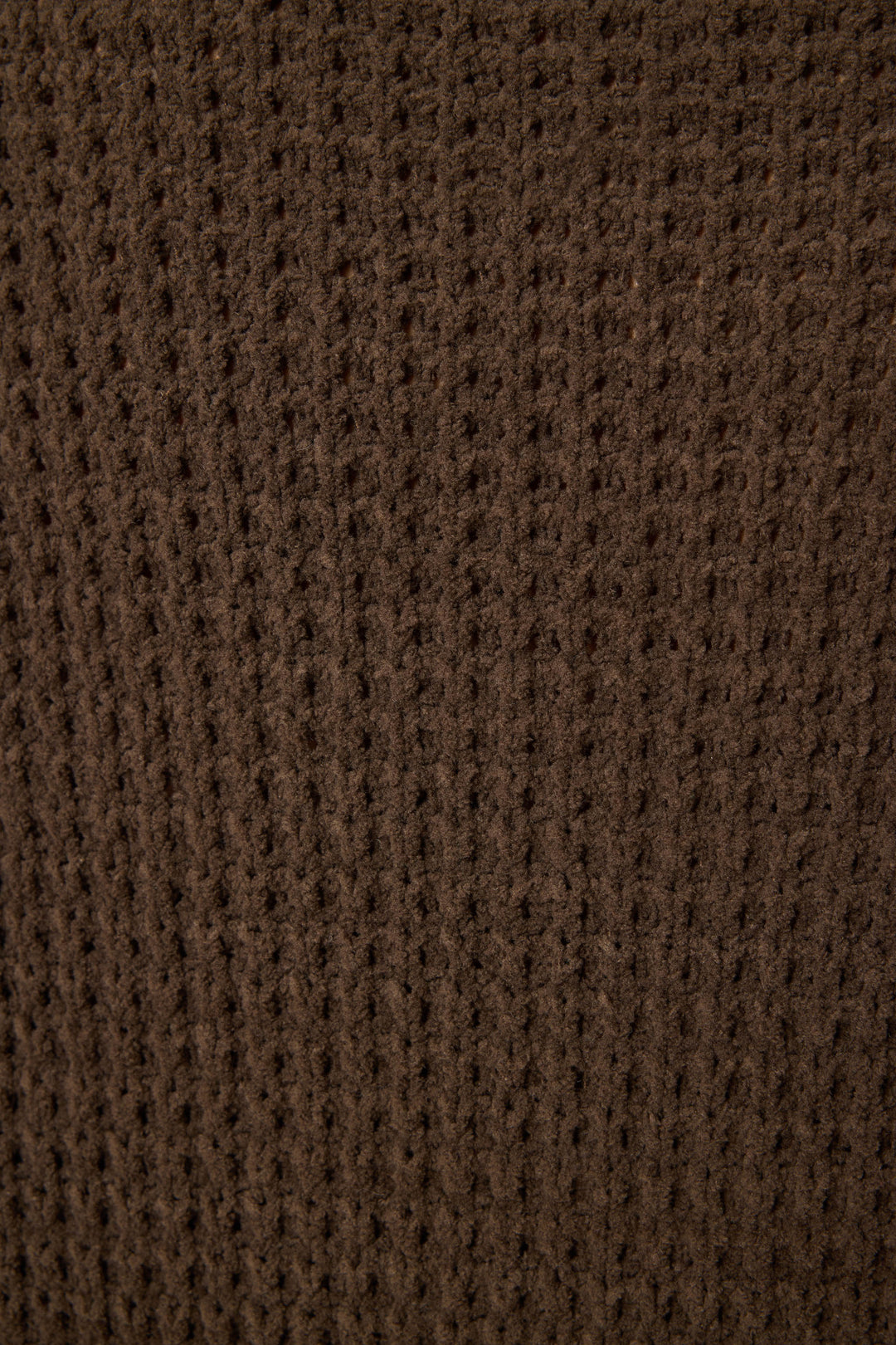 Close-up of the Chenille Waffle Solid Chocolate Sweater by P.J. Salvage, featuring a brown ribbed knit texture with vertical lines and a soft, slightly fuzzy surface.