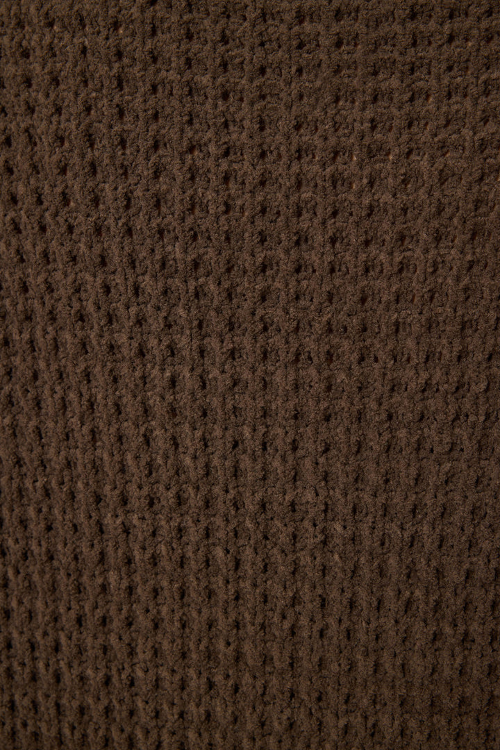 Close-up of the Chenille Waffle Solid Chocolate Sweater by P.J. Salvage, featuring a brown ribbed knit texture with vertical lines and a soft, slightly fuzzy surface.