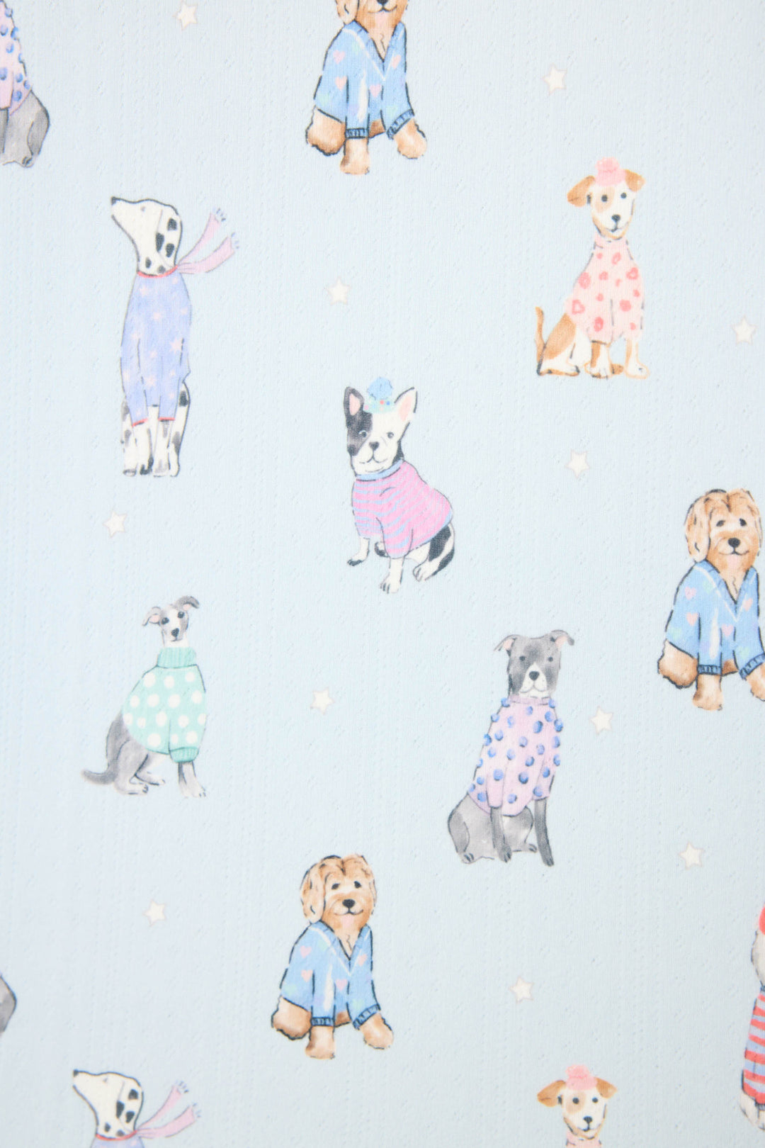 The P.J. Salvage Doggone Cold Dog Print Pointelle Long Sleeve Top features playful illustrations of dogs in colorful sweaters and pajamas on a light blue background with white star accents.