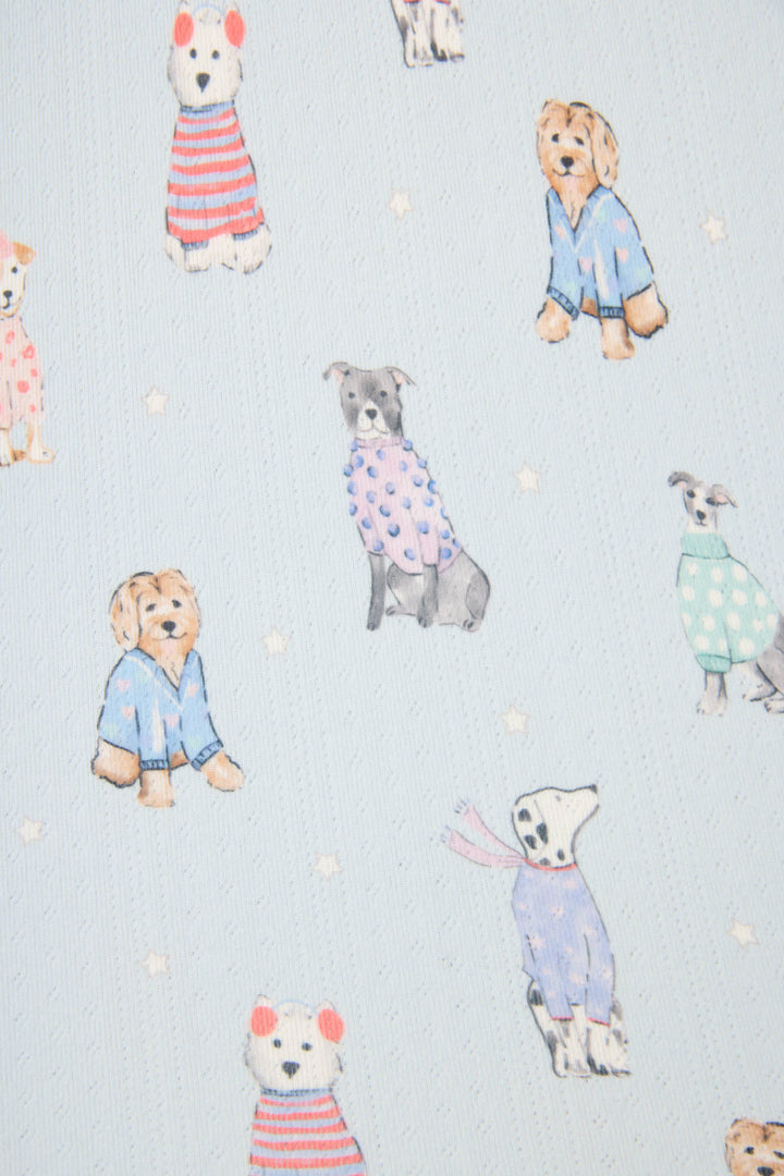The P.J. Salvage Doggone Cold Dog Print Pointelle Plus Size PJ Set features a light blue fabric with playful dogs in colorful sweaters and scarves, accented by small white stars.