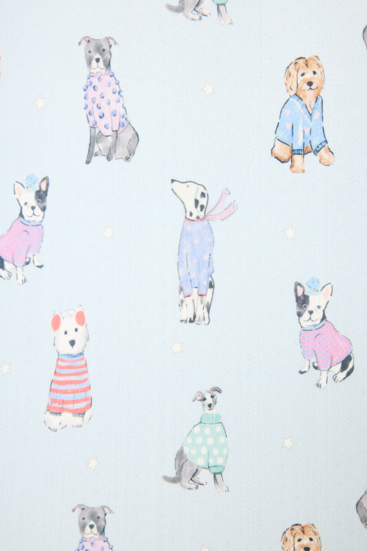 The P.J. Salvage Doggone Cold Dog Print Pointelle Banded Pants feature playful pups in colorful sweaters on a light blue, starry background—an ideal choice for winter loungewear or cozy pajama pants.