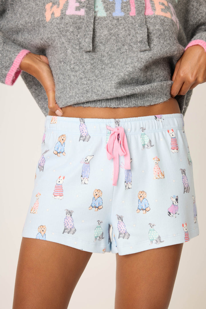 Wearing P.J. Salvage's Doggone Cold Dog Print Pointelle Shorts in light blue with cartoon dogs and a pink drawstring, paired with a grey sweater featuring multicolored lettering and pink trim, hands resting on hips.