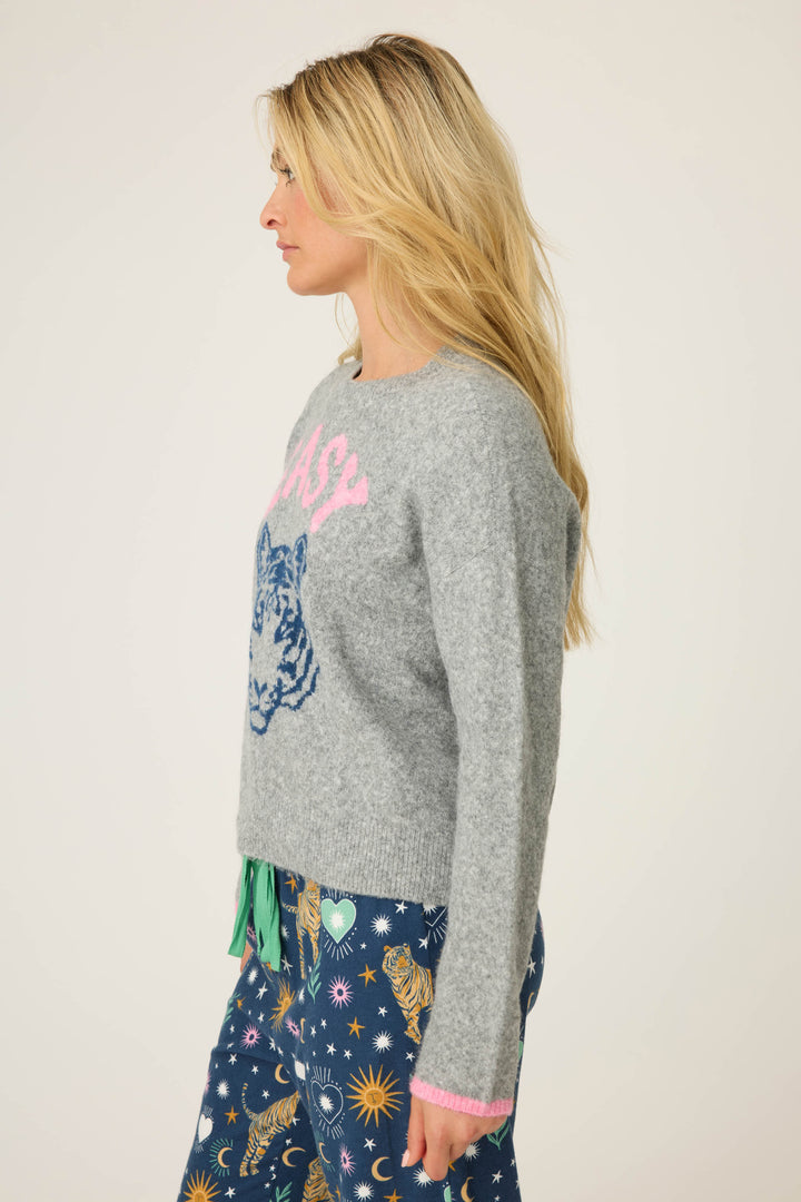 A person with long blonde hair in profile wears a P.J. Salvage Snuggle Sweater SLEIGH CREW LONG SLEEVE FLANNEL, featuring a gray base with a blue tiger graphic and pink text, paired with celestial-animal print blue pants. The background is plain and light.