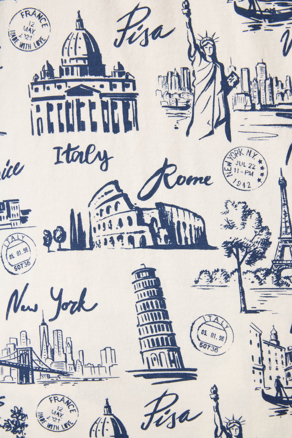 The P.J. Salvage 3-Piece Set WILD PJ SET FLANNELS PLUS features blue line drawings of landmarks like the Eiffel Tower and Statue of Liberty, with city names—Paris, New York, Rome, Pisa—and passport stamp designs.