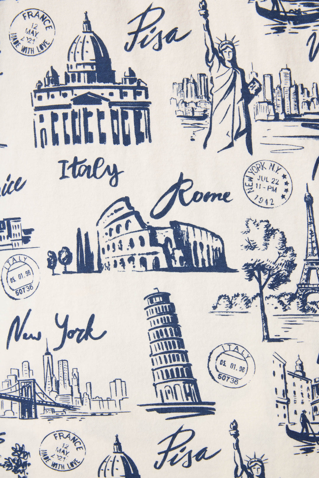 The P.J. Salvage 3-Piece Set WILD PJ SET FLANNELS PLUS features blue line drawings of landmarks like the Eiffel Tower and Statue of Liberty, with city names—Paris, New York, Rome, Pisa—and passport stamp designs.