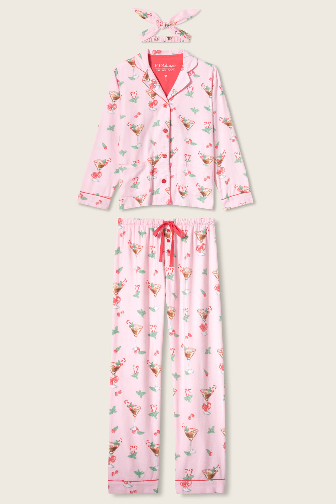 The Tini Time Drink Print Flannel PJ Set by P.J. Salvage features a pink button-up long-sleeve top, matching pants, and headband with colorful dessert, cherry, and flower prints plus red trim on the collar and waist tie.
