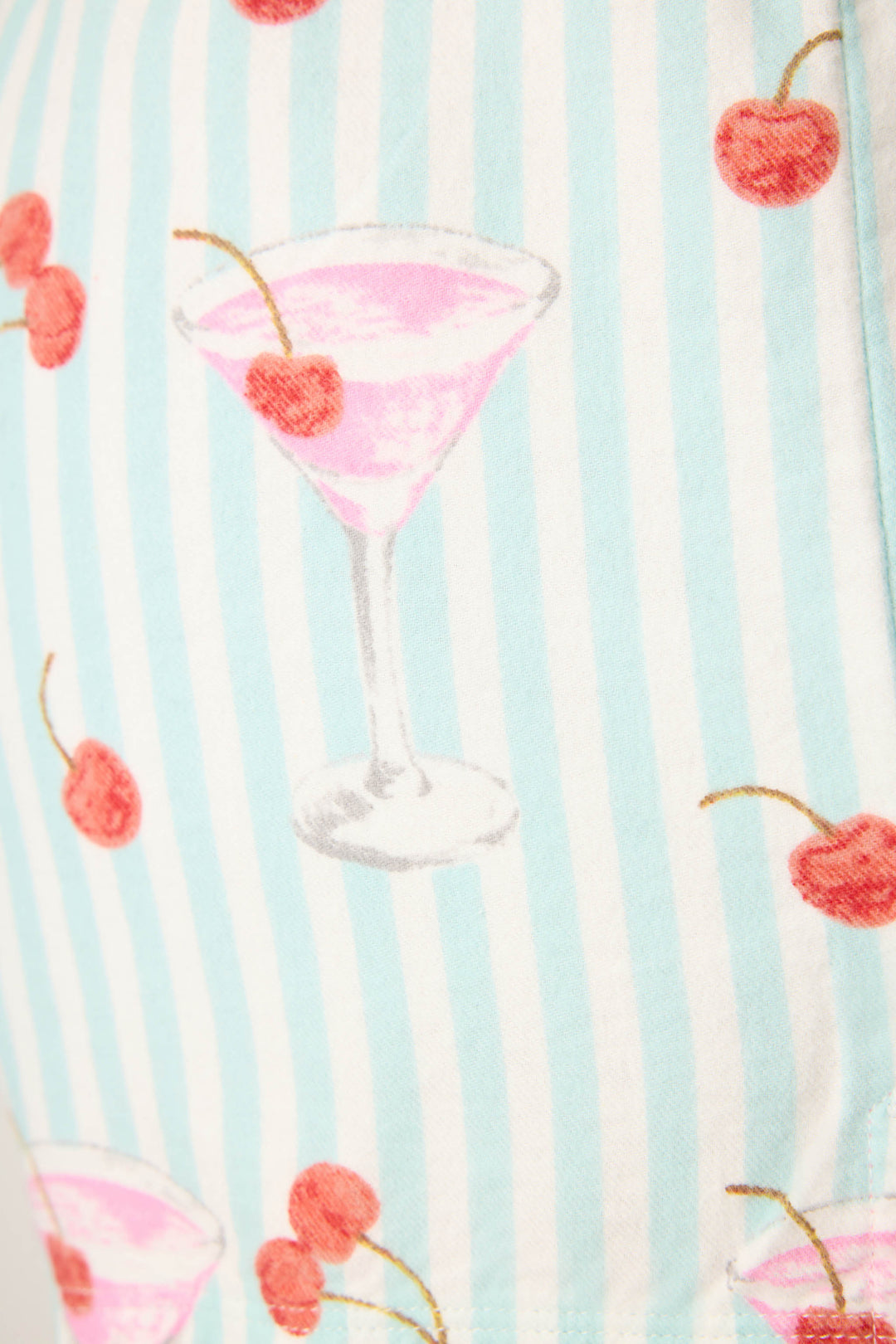 P.J. Salvage SHORT FLANNELS in light blue and white vertical stripes, featuring printed pink martini glasses with cherries and scattered red cherries.