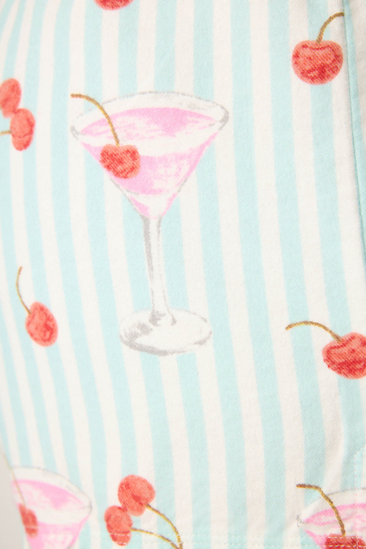 P.J. Salvage SHORT FLANNELS in light blue and white vertical stripes, featuring printed pink martini glasses with cherries and scattered red cherries.