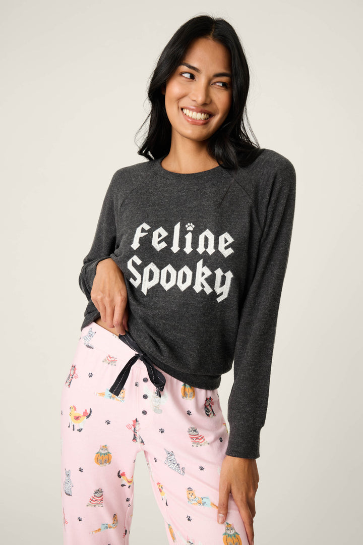 A woman with long black hair smiles and looks to the side, wearing a P.J. Salvage FEELINE SPOOKY LONG SLEEVE FELINE SPOOKY dark gray sweatshirt and light pink pajama pants featuring cartoon cats.