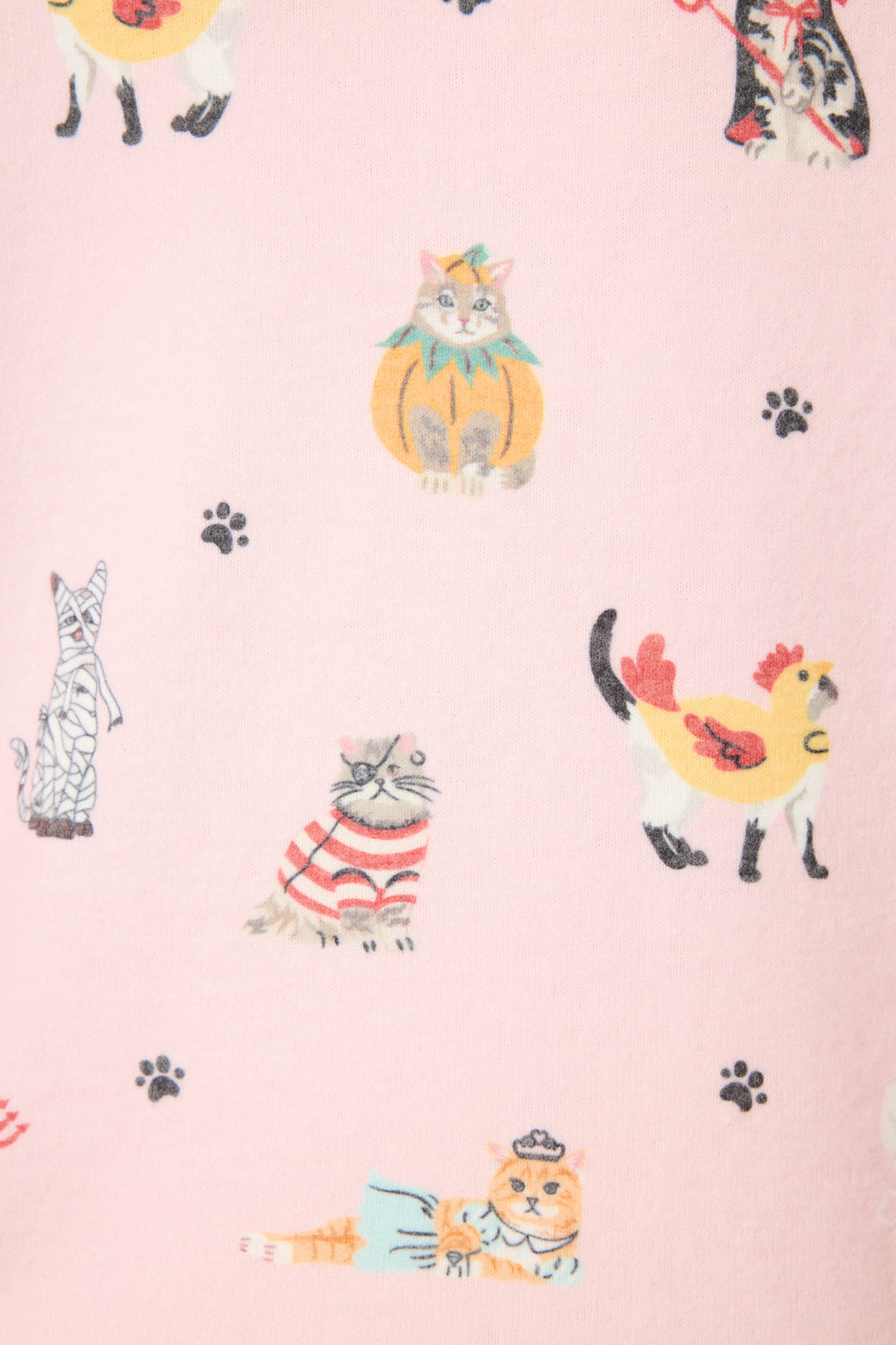 The CATS PJ SET FELINE SPOOKY by P.J. Salvage features pink fabric with cats in costumes—pumpkin, chicken, mummy, sailor—and black paw prints.