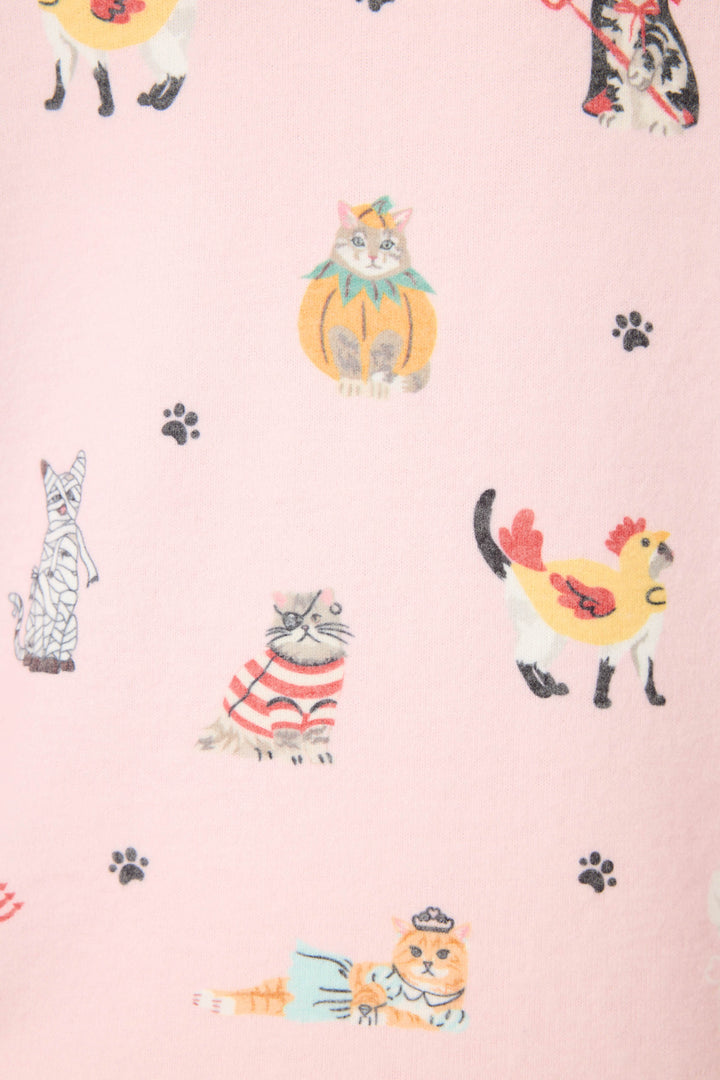 The CATS PJ SET FELINE SPOOKY by P.J. Salvage features pink fabric with cats in costumes—pumpkin, chicken, mummy, sailor—and black paw prints.