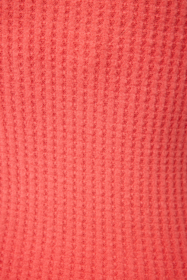 Close-up of the ribbed, coral knit fabric on P.J. Salvage’s Morning Waffles Scarlet Shorts, showing its soft textured surface and vertical pattern—ideal for cozy loungewear.