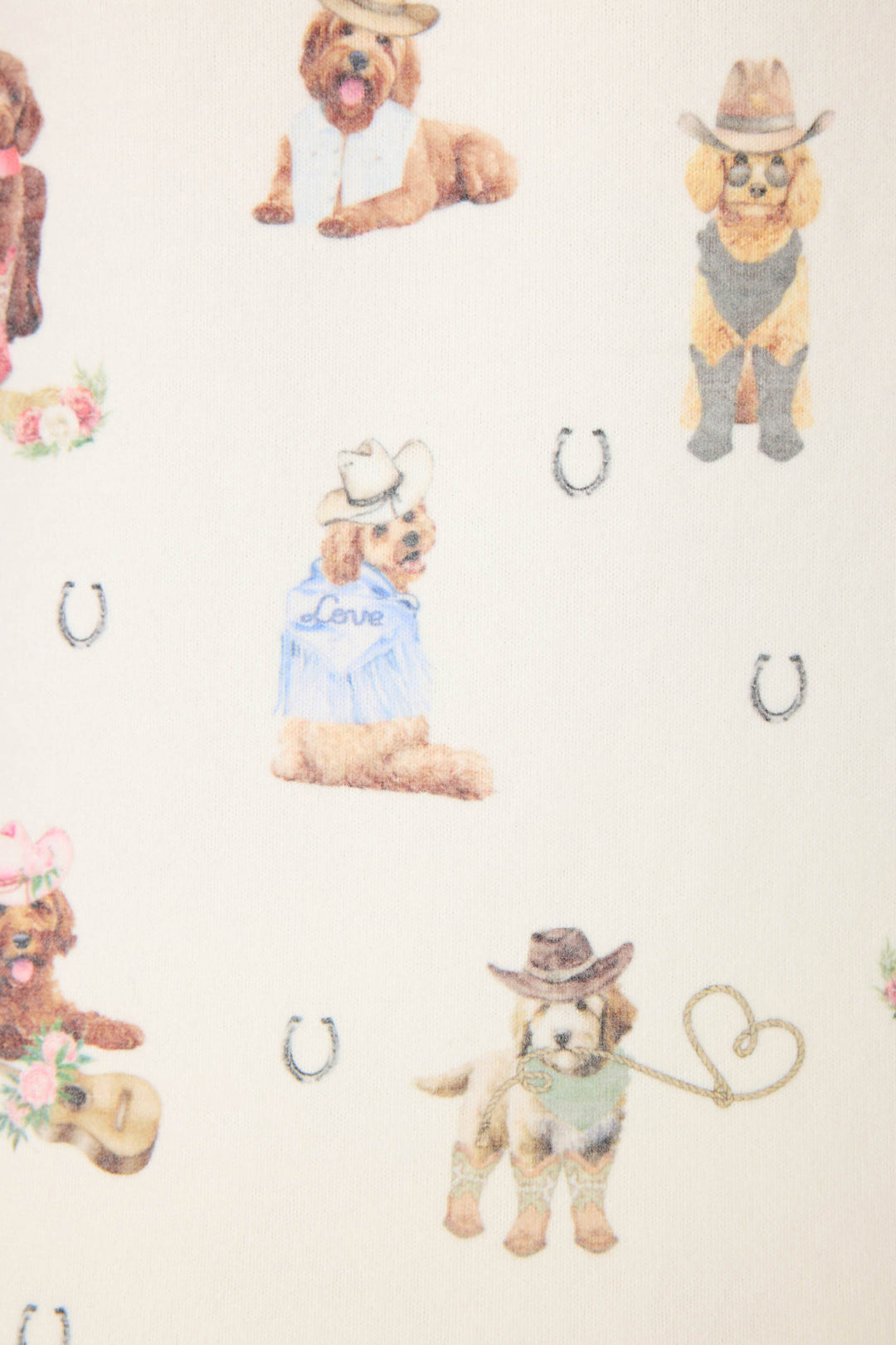 The P.J. Salvage DOGS V-NECK TANK RUFF ON THE RANGE features illustrated dogs in cowboy hats and western outfits, with small horseshoe icons, set against a light background.