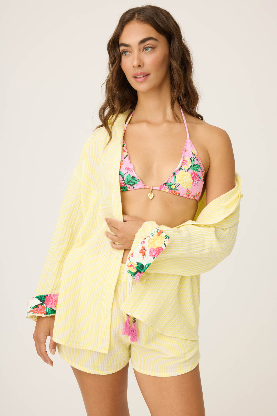 PJS x PQ Swim Yellow Stripe Gauze Long Sleeve Coverup - Long Sleeve Tops - P.J. Salvage