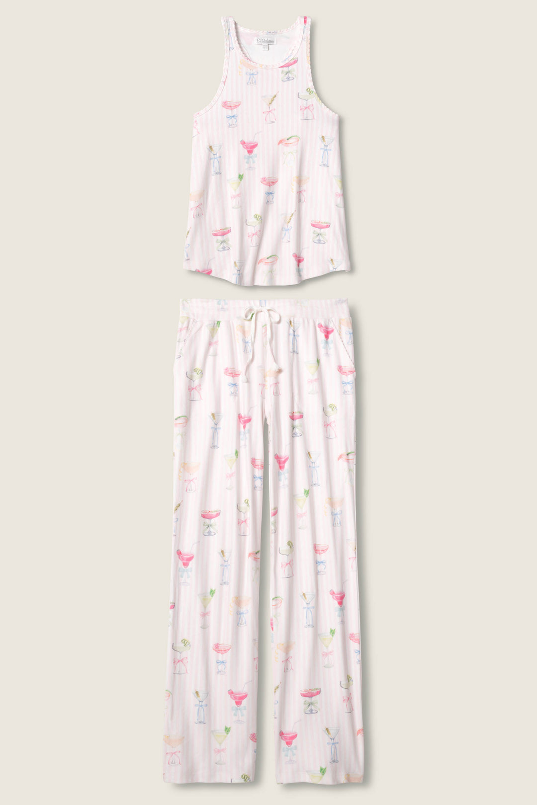 The Pretty Punch Cocktail Print PJ Set by P.J. Salvage features a sleeveless tank top and long pants with a light, pastel cocktail pattern, shown laid flat on a neutral surface.