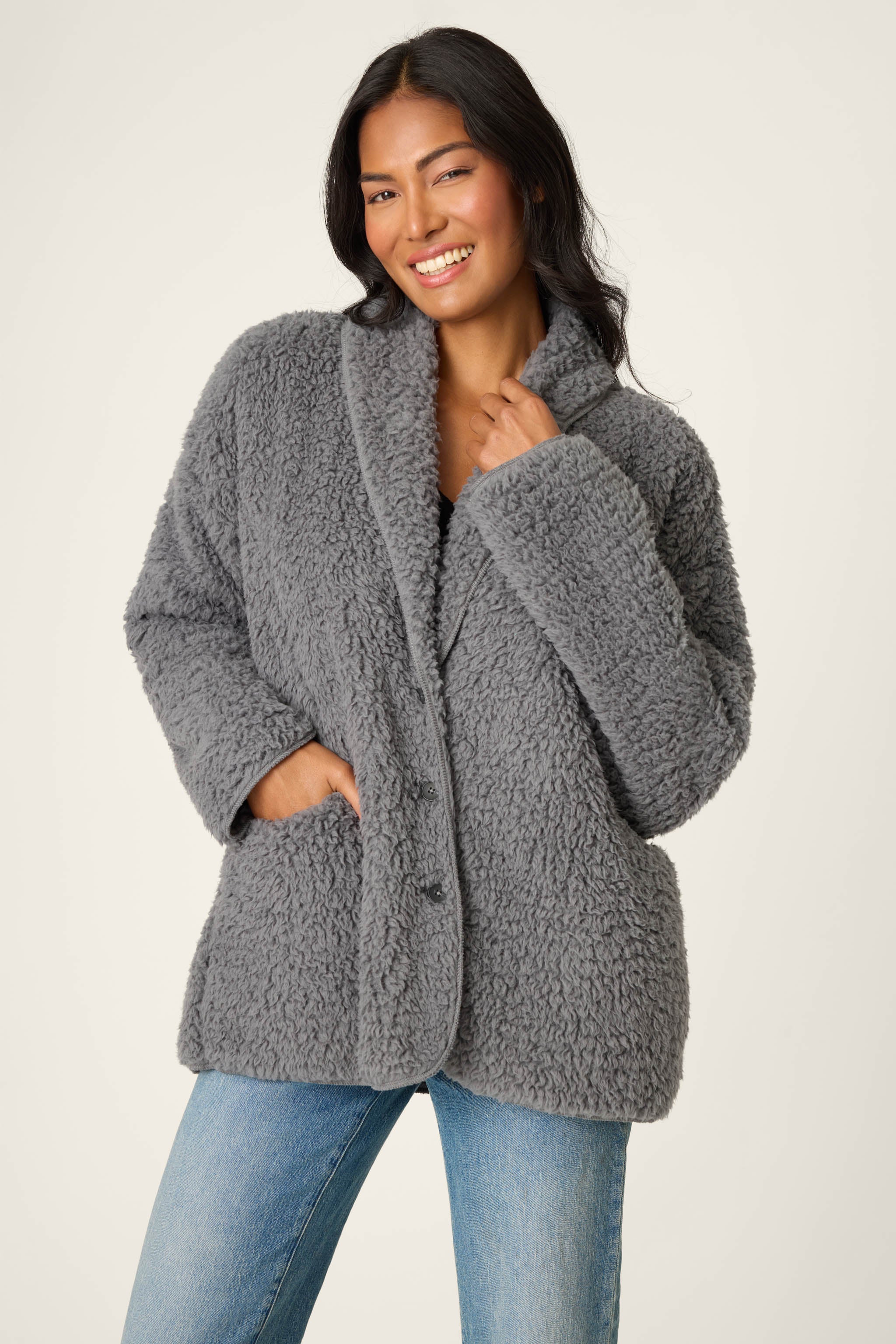 Luxe Charcoal Faux Shearling Cardigan | P.J. Salvage