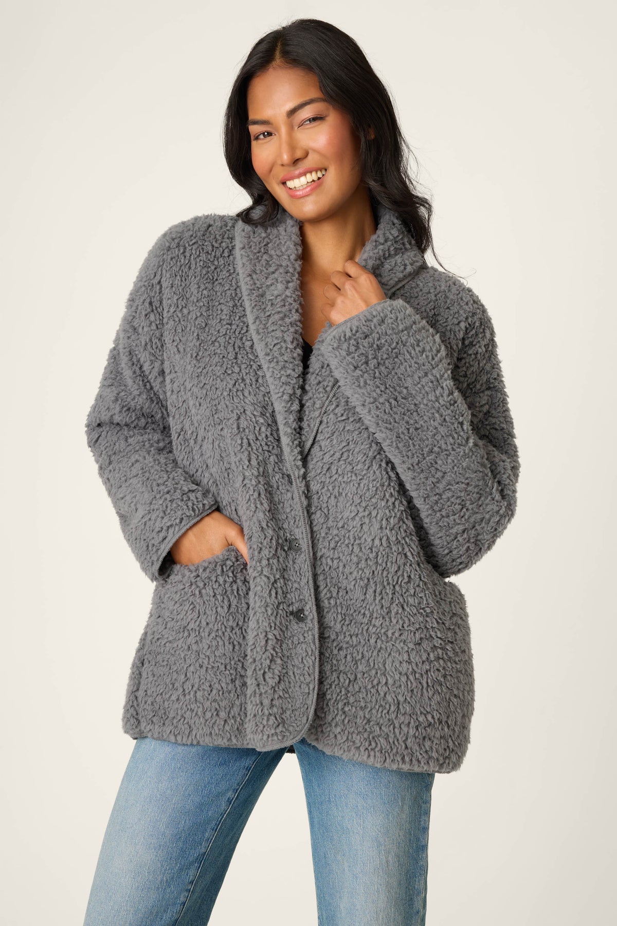 Luxe Charcoal Faux Shearling Cardigan | P.J. Salvage