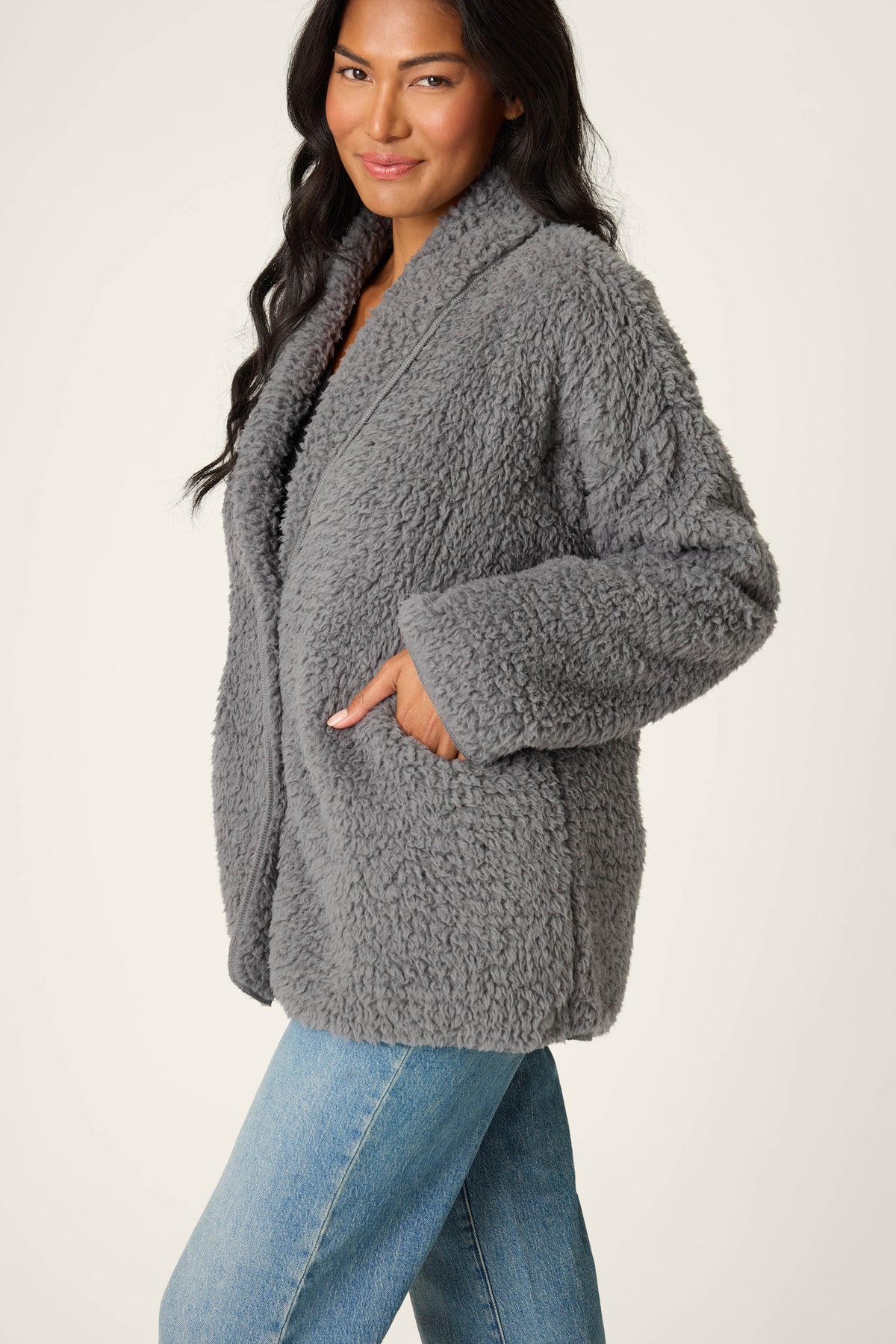 Luxe Charcoal Faux Shearling Cardigan | P.J. Salvage