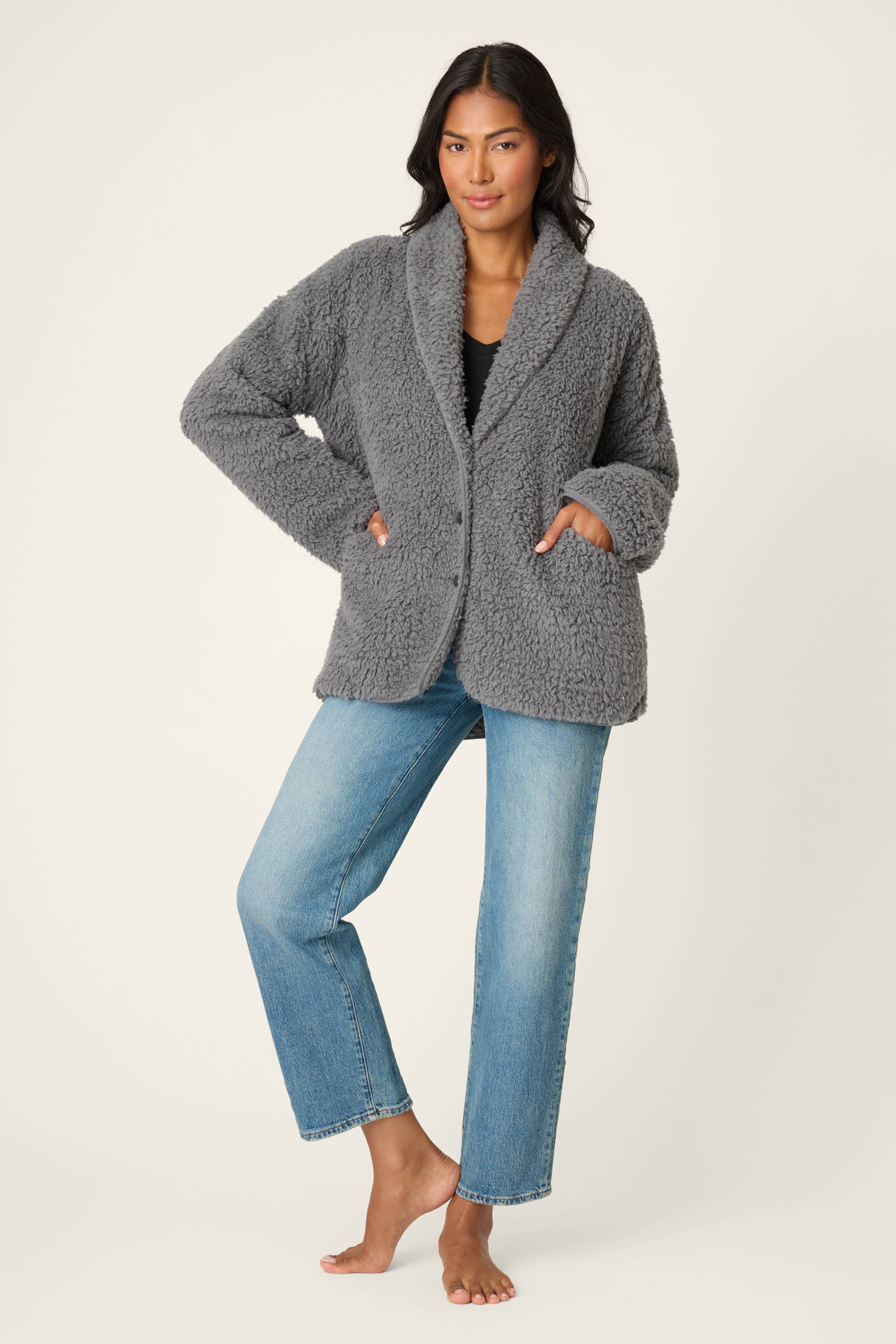 Luxe Charcoal Faux Shearling Cardigan | P.J. Salvage