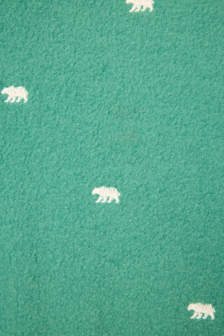 The Outsider Embroidered Bear Fleece Sweatshirt by P.J. Salvage features a green textured fabric adorned with evenly spaced, small white bear silhouettes.