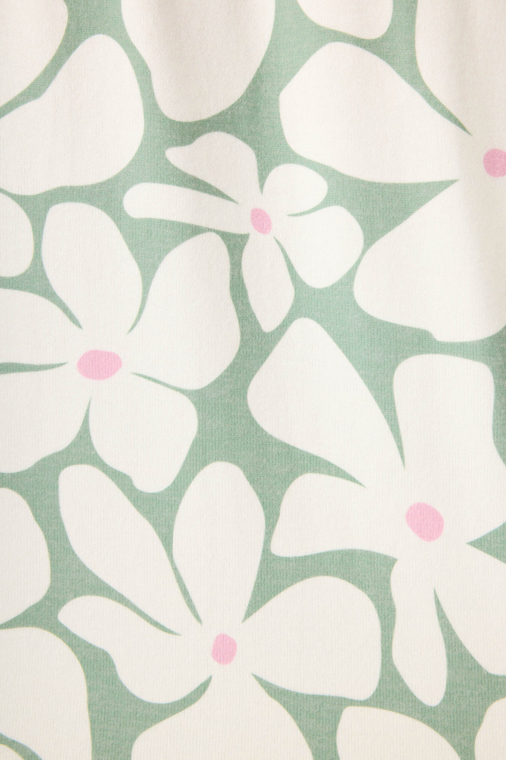 The Wish You Were Here Floral Print Banded Pants by P.J. Salvage feature a simple, stylized design with white abstract flowers and pink centers on a light green background.