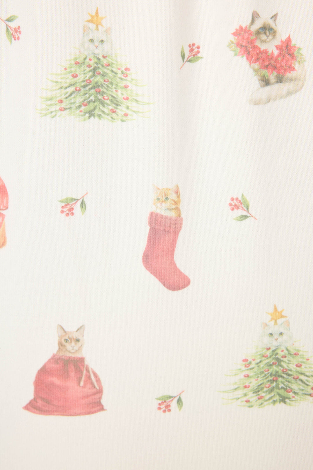 The Feline Festive Cat Print PJ Set by P.J. Salvage features watercolor cats with Christmas trees, a red stocking, a festive wreath, a red sack, and holly sprigs on a white background.