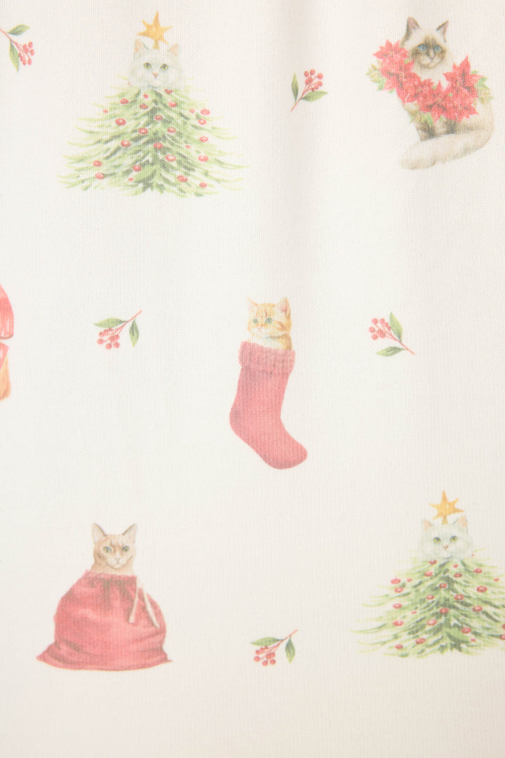 The Feline Festive Cat Print PJ Set by P.J. Salvage features watercolor cats with Christmas trees, a red stocking, a festive wreath, a red sack, and holly sprigs on a white background.