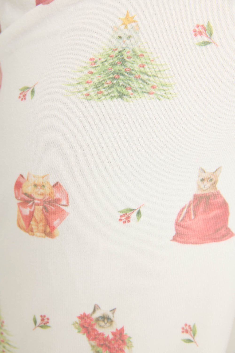 P.J. Salvage's Feline Festive Cat Print Banded Pants feature holiday-themed cats with red ribbons, a cat in a wreath, holly sprigs, and a star-topped Christmas tree.