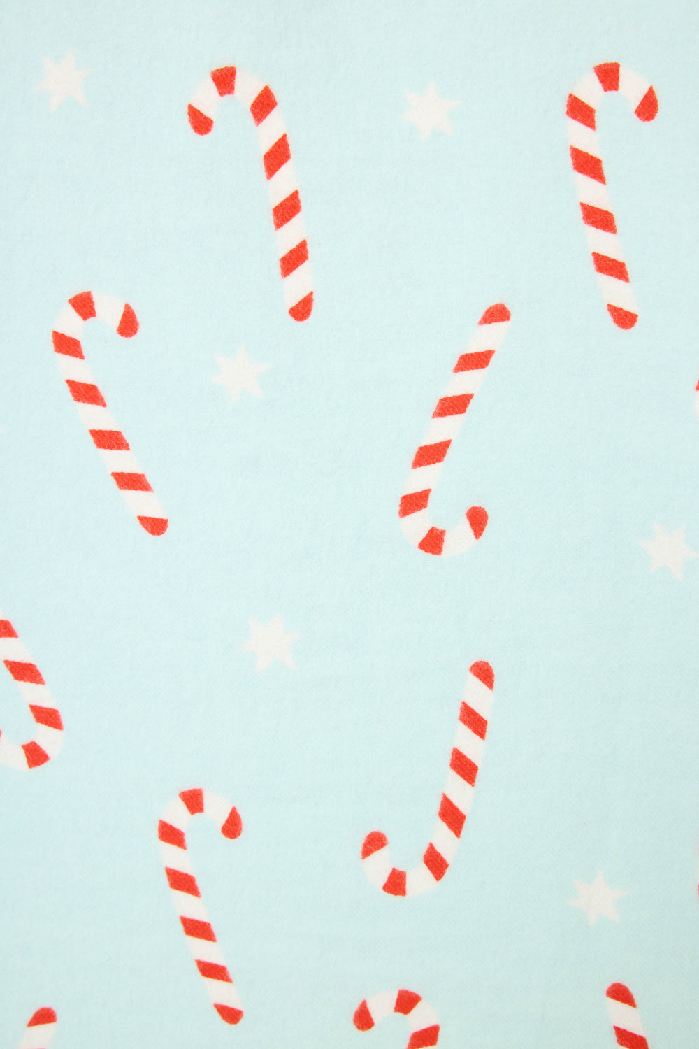 The P.J. Salvage 4-Piece Candy Cane Print Flannel PJ Set features a light blue background with a repeating pattern of red and white striped candy canes and scattered white stars.
