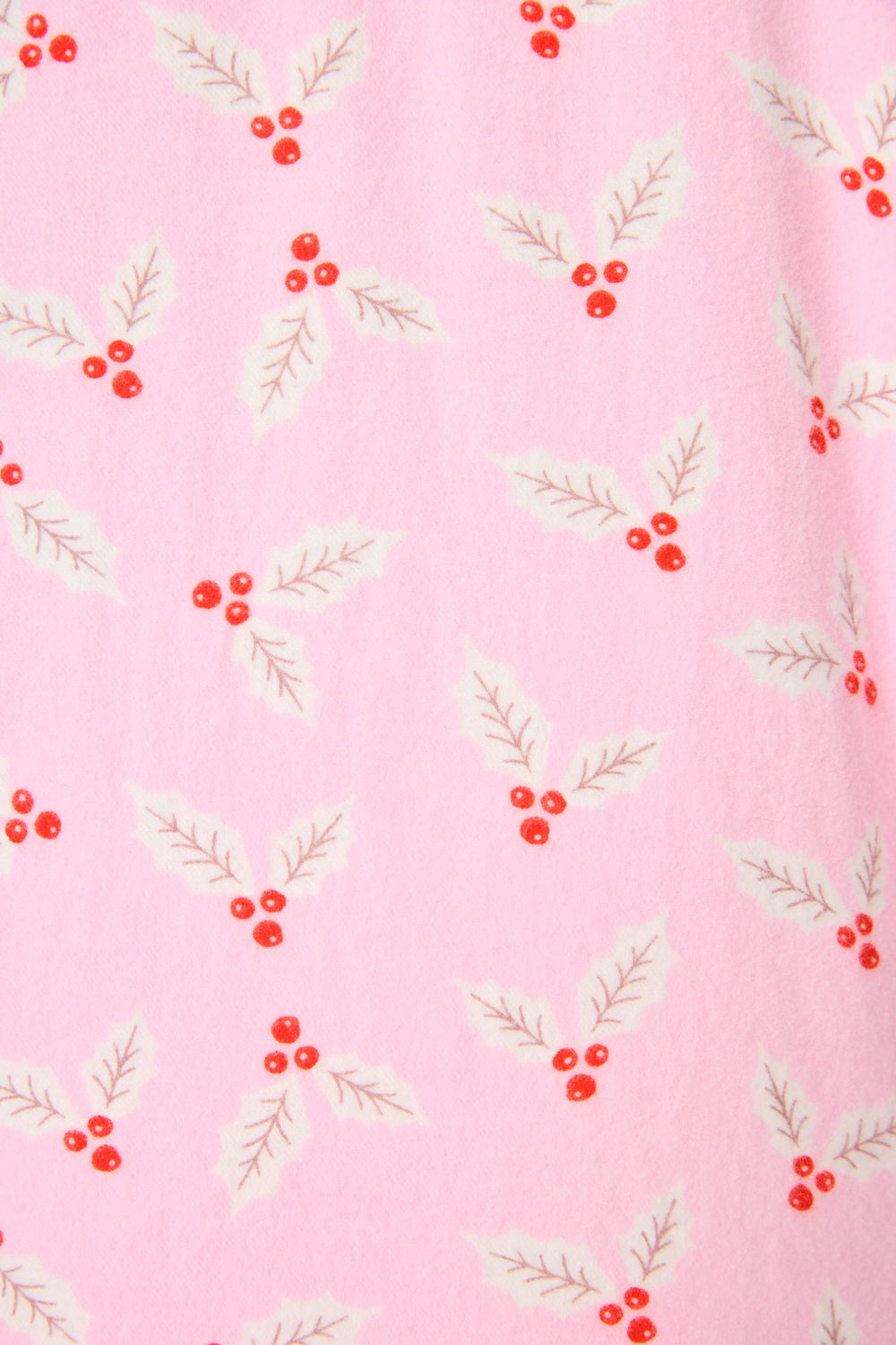 The P.J. Salvage 4-Piece Mistletoe Print Flannel PJ Set features pink fabric with a repeating design of mistletoe, showing clusters of three red berries and three light green leaves.