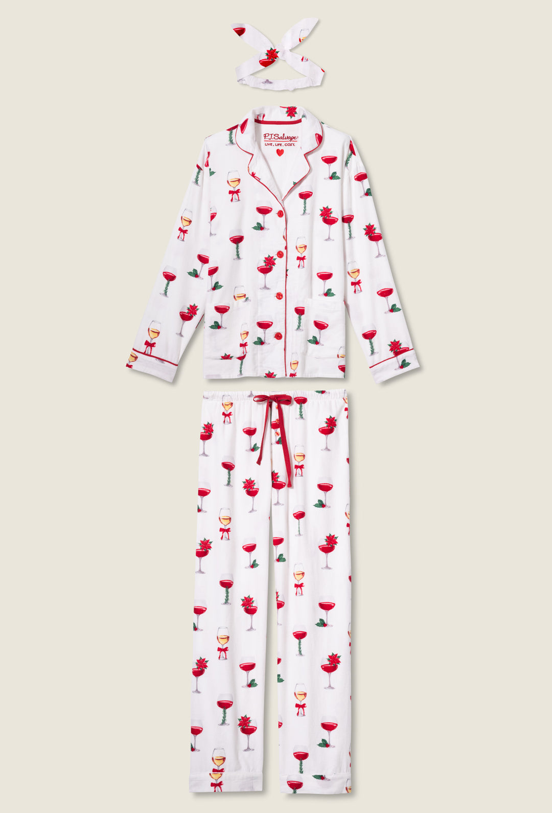 The BEARS PJ SET FLANNELS by P.J. Salvage, featuring white flannel pajamas with red and green cocktail and floral prints—includes a long-sleeved button-up top, drawstring pants, and matching headband—displayed on a neutral background.