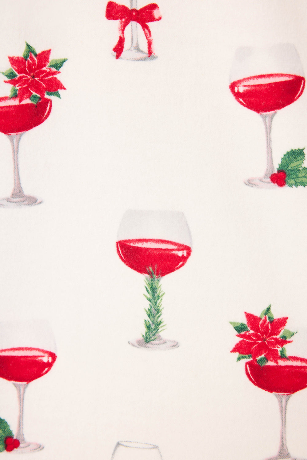 The BEARS PJ SET FLANNELS by P.J. Salvage features a white background with red wine glasses, each adorned with holiday touches like poinsettias, holly, a red bow, and greenery.