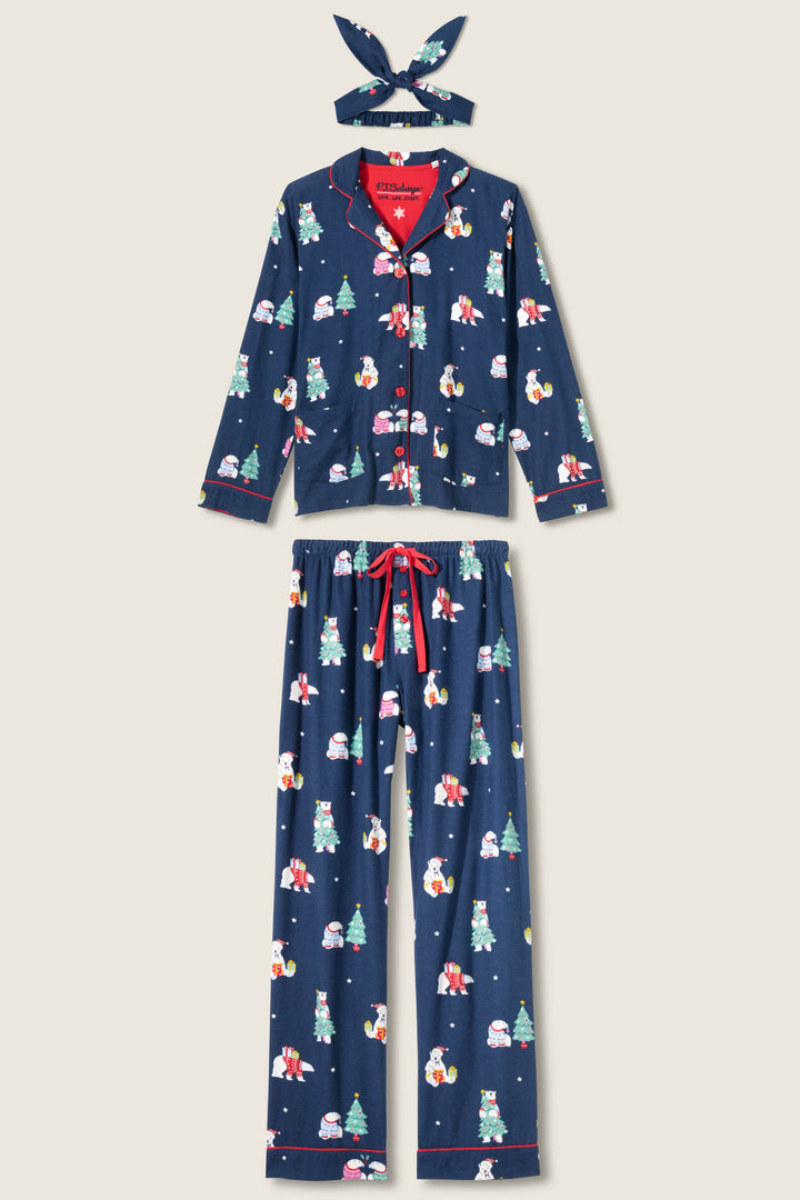 The P.J. Salvage 3-Piece Bear Print Plus Size Flannel PJ Set includes a navy Christmas bear print, long-sleeve button-up top, long pants with red drawstring, and a matching headband.