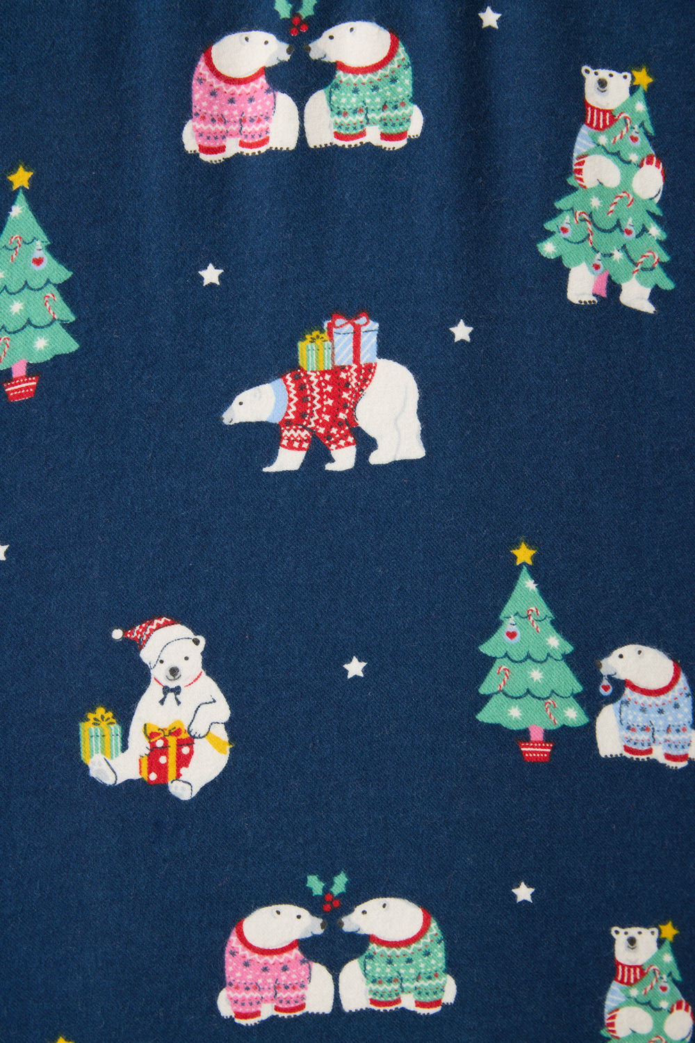 The P.J. Salvage 3-Piece Bear Print Plus Size Flannel PJ Set features polar bears in red and green sweaters by decorated trees and gifts on a dark blue background, with bears sitting, standing, and carrying presents.