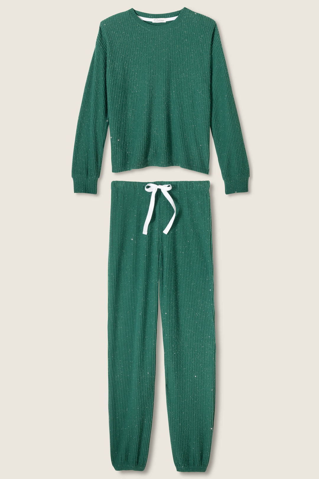 The SOLID PJ SET FIRESIDE SPARKLE by P.J. Salvage features a matching green ribbed knit lounge set with a long-sleeve top and drawstring pants with a white waist tie, displayed on a light beige background.
