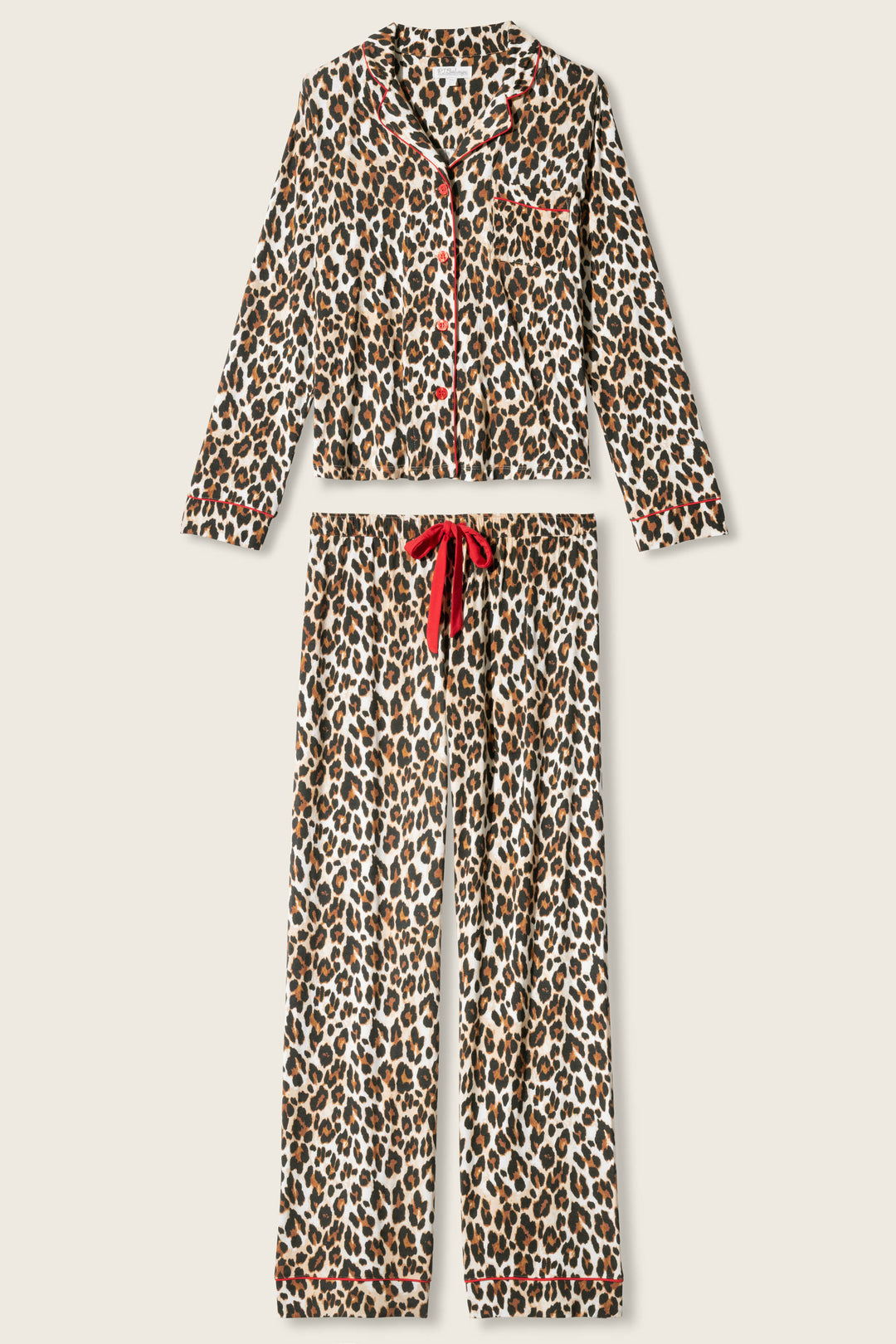 The LEOPARD PJ SET HOLIDAY DREA by P.J. Salvage features a brown and black leopard print, a long-sleeve button-up collared top, and matching long pants with a red drawstring and red trim.