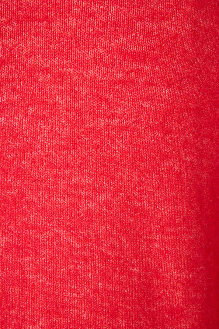 Close-up of the Let's Get Toasty Snuggle Sweater by P.J. Salvage, highlighting its red heathered fabric with a soft, slightly textured surface and subtle color variations.