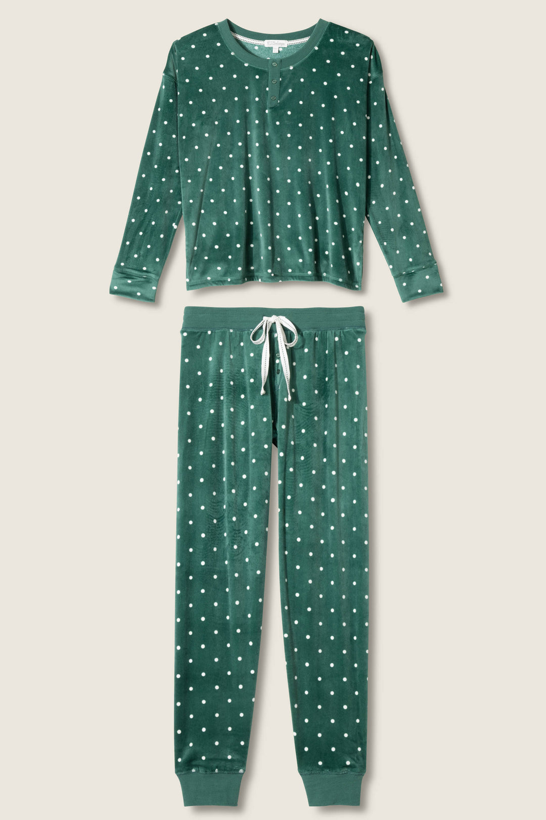 The Let's Get Toasty Dot Print Pants Set by P.J. Salvage features a long-sleeve green top with button neckline and matching white polka dot pants with a drawstring waist and ribbed cuffs, perfect for cozy nights.