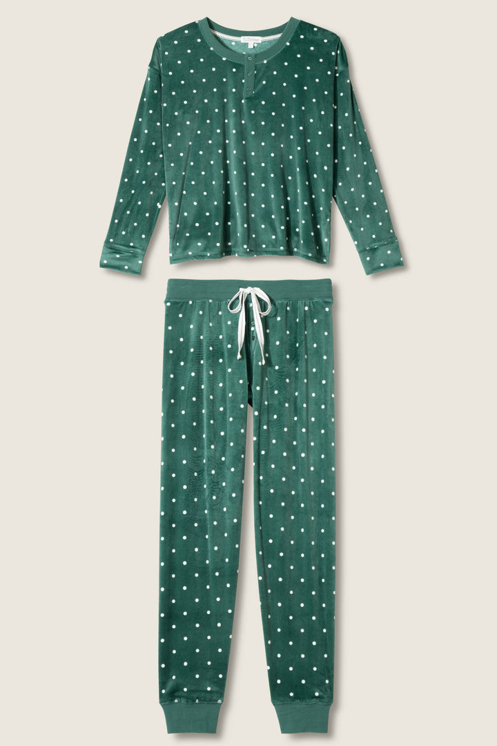 The Let's Get Toasty Dot Print Pants Set by P.J. Salvage features a long-sleeve green top with button neckline and matching white polka dot pants with a drawstring waist and ribbed cuffs, perfect for cozy nights.