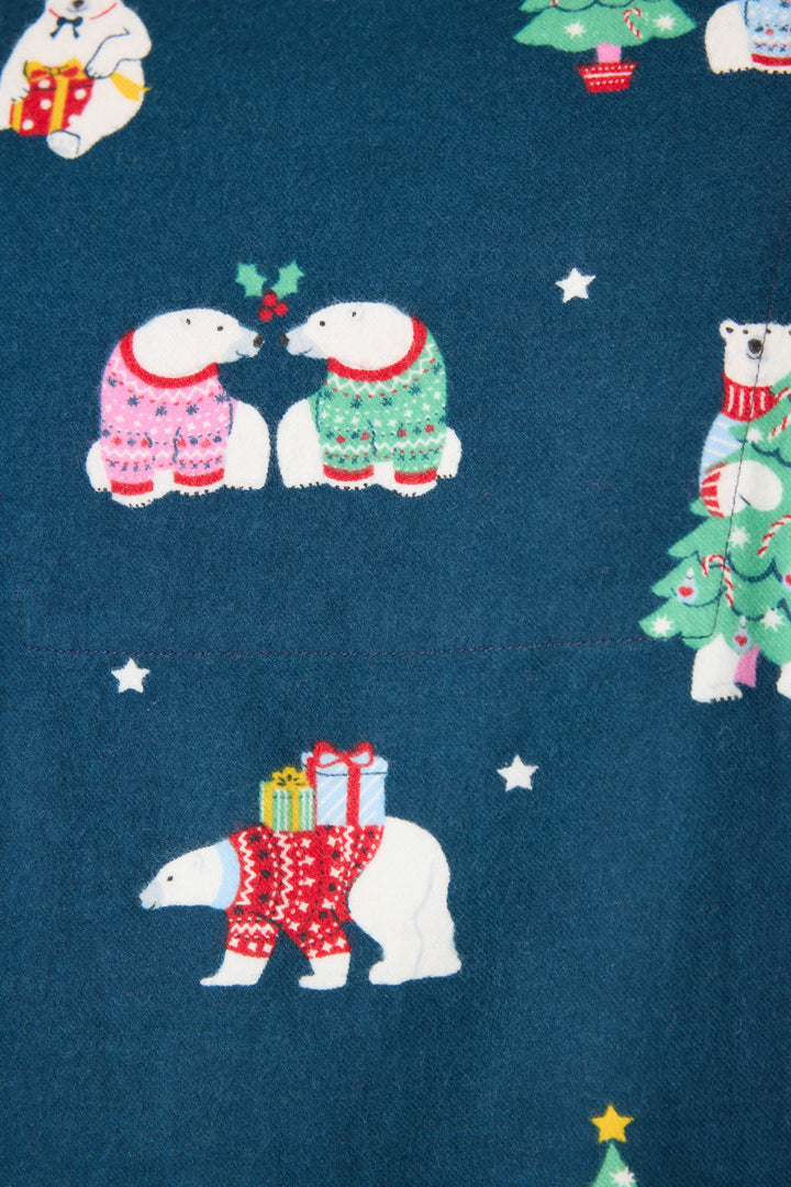 The BEARS MENS PJ SET FAM JAM BEARLY AWAKE by P.J. Salvage features polar bears in festive sweaters with gifts or holly, plus white stars and decorated trees on a dark teal background.