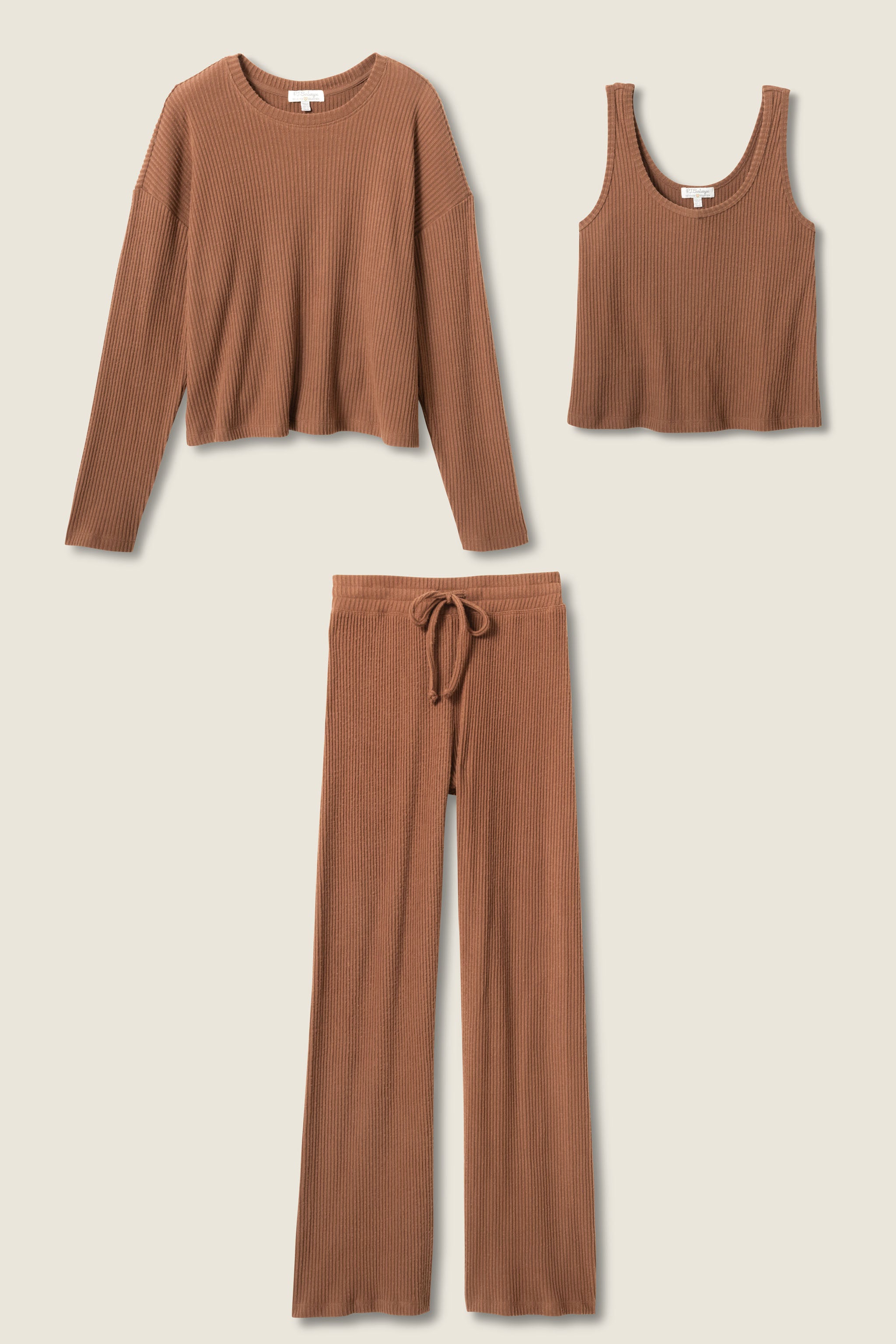 3-Piece Luxe Ribbed Brown PJ Set | P.J. Salvage