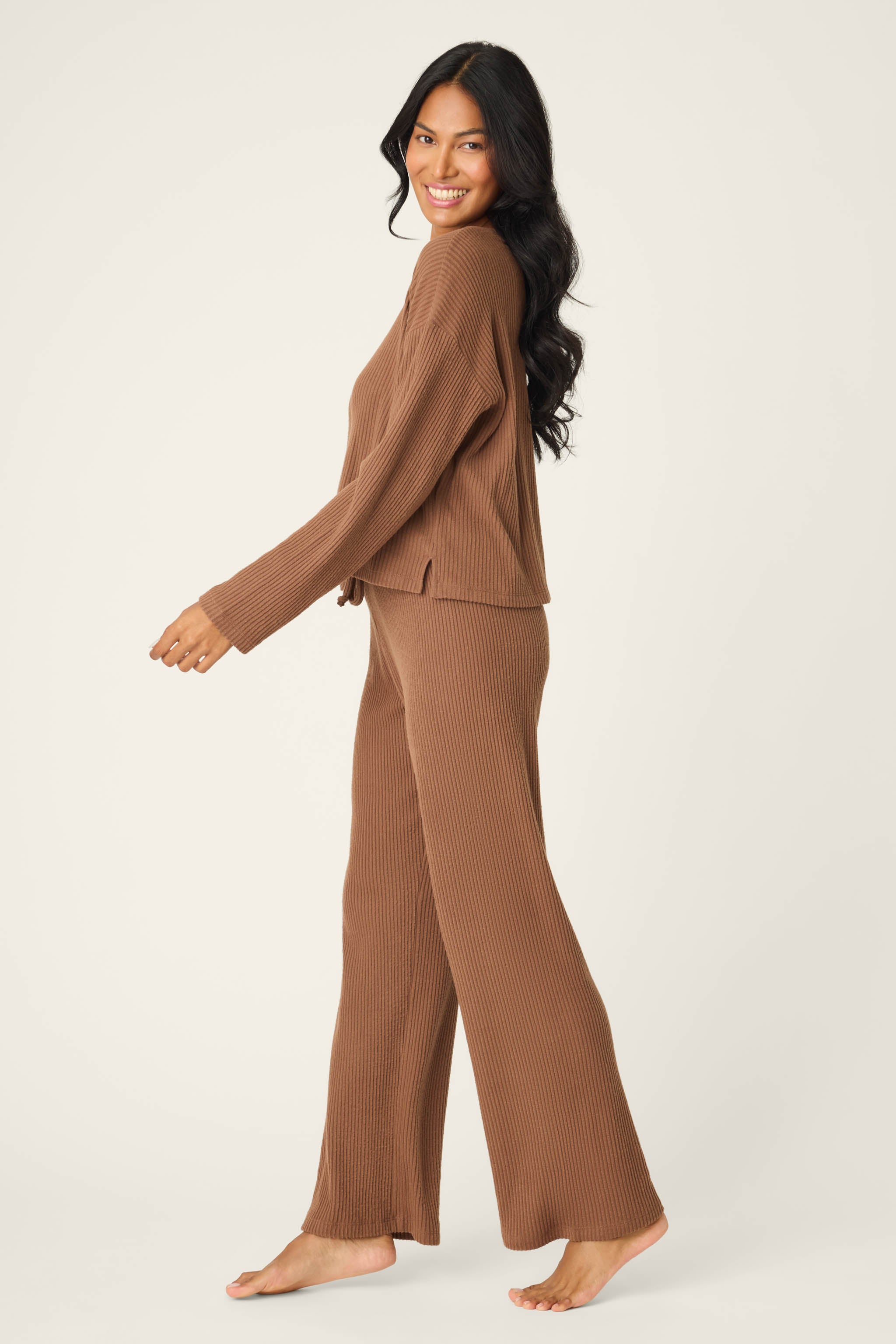 3-Piece Luxe Ribbed Brown PJ Set | P.J. Salvage