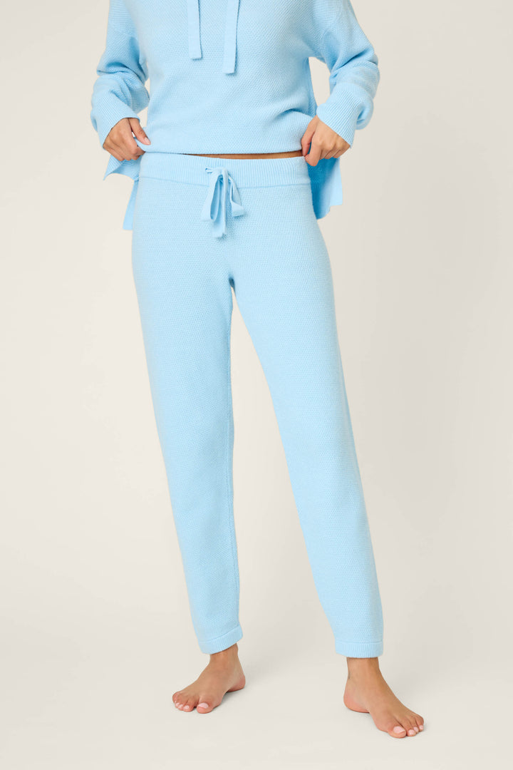 Model wears P.J. Salvage Sweater Weather Light Sky Banded Pants, barefoot and paired with a matching hoodie, standing against a plain off-white background. The model's face and lower arms are not visible.