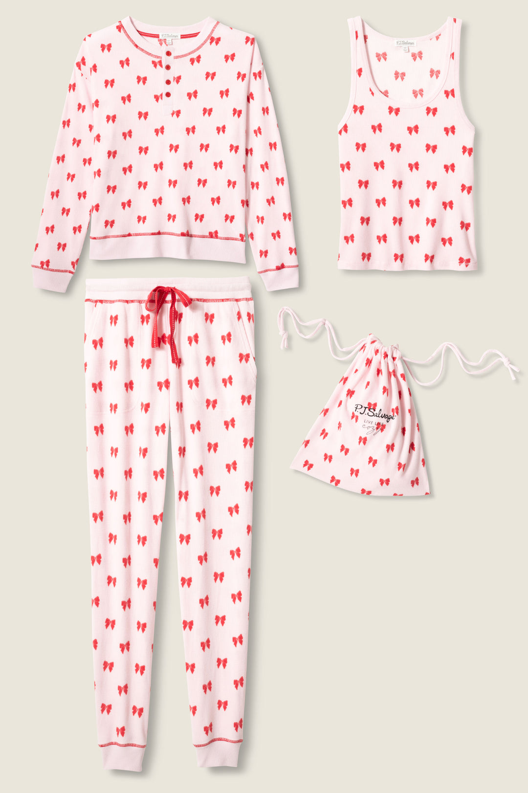 4-Piece Bow Print Thermal Lounge Set - 4-Piece Set - P.J. Salvage